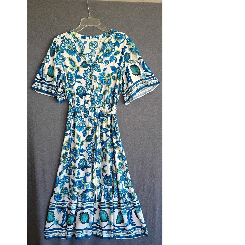 Fig + Flower Blue Floral Paisley Rayon Tiered Midi Dress XL Flutter Sleeve Boho